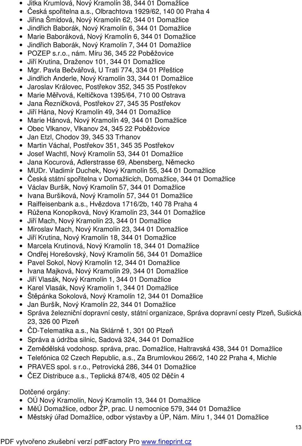 Domažlice Jindřich Baborák, Nový Kramolín 7, 344 01 Domažlice POZEP s.r.o., nám. Míru 36, 345 22 Poběžovice Jiří Krutina, Draženov 101, 344 01 Domažlice Mgr.
