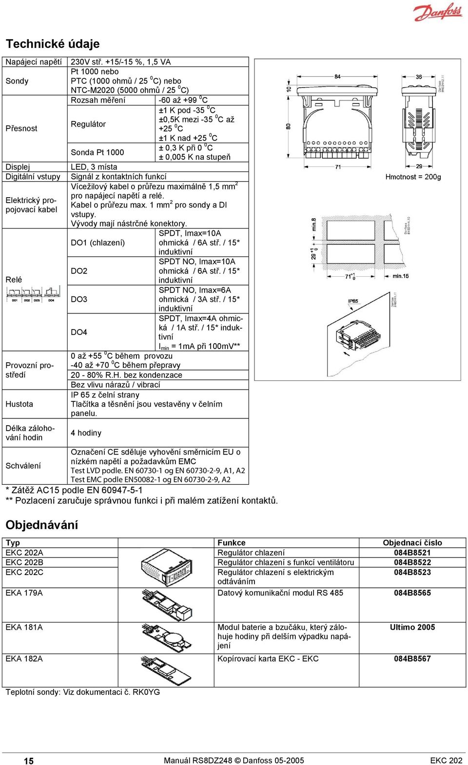 0,3 K při 0 0 C Sonda Pt 1000 ± 0,005 K na stupeň LED, 3 místa Signál z kontaktních funkcí Vícežilový kabel o průřezu maximálně 1,5 mm 2 pro napájecí napětí a relé. Kabel o průřezu max.