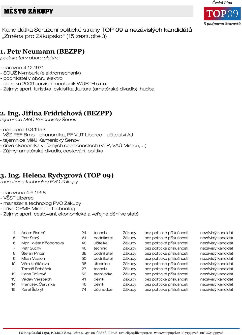 Jiřina Fridrichová (BEZPP) tajemnice MěÚ Kamenický Šenov - narozena 9.3.
