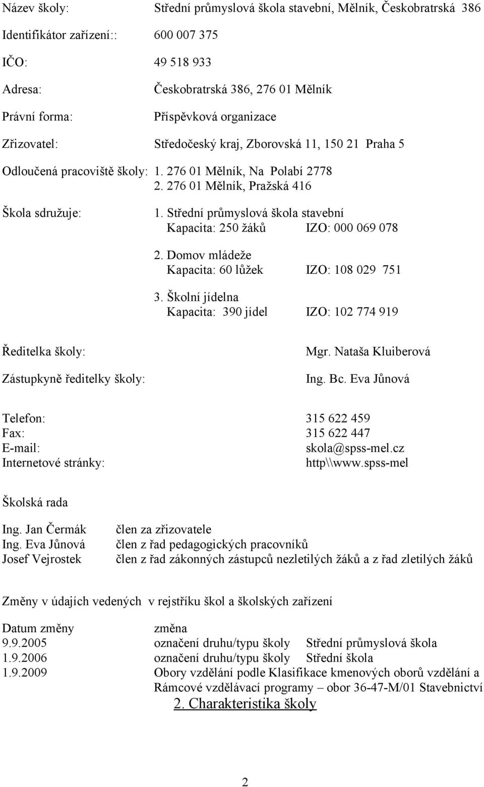 Střední průmyslová škola stavební Kapacita: 250 žáků IZO: 000 069 078 2. Domov mládeže Kapacita: 60 lůžek IZO: 108 029 751 3.