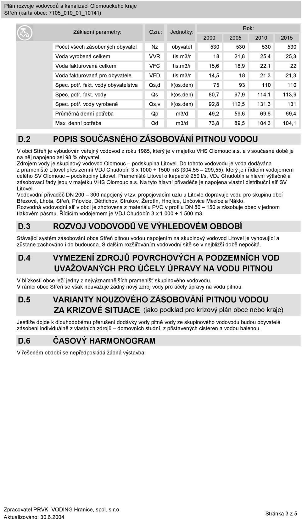 Do tohoto vodovodu je voda dodávána z prameniště Litovel přes zemní VDJ Chudobín 3 x 1000 + 1500 m3 (304,55 299,55), který je i řídícím vodojemem celého SV Olomouc podskupiny Litovel.