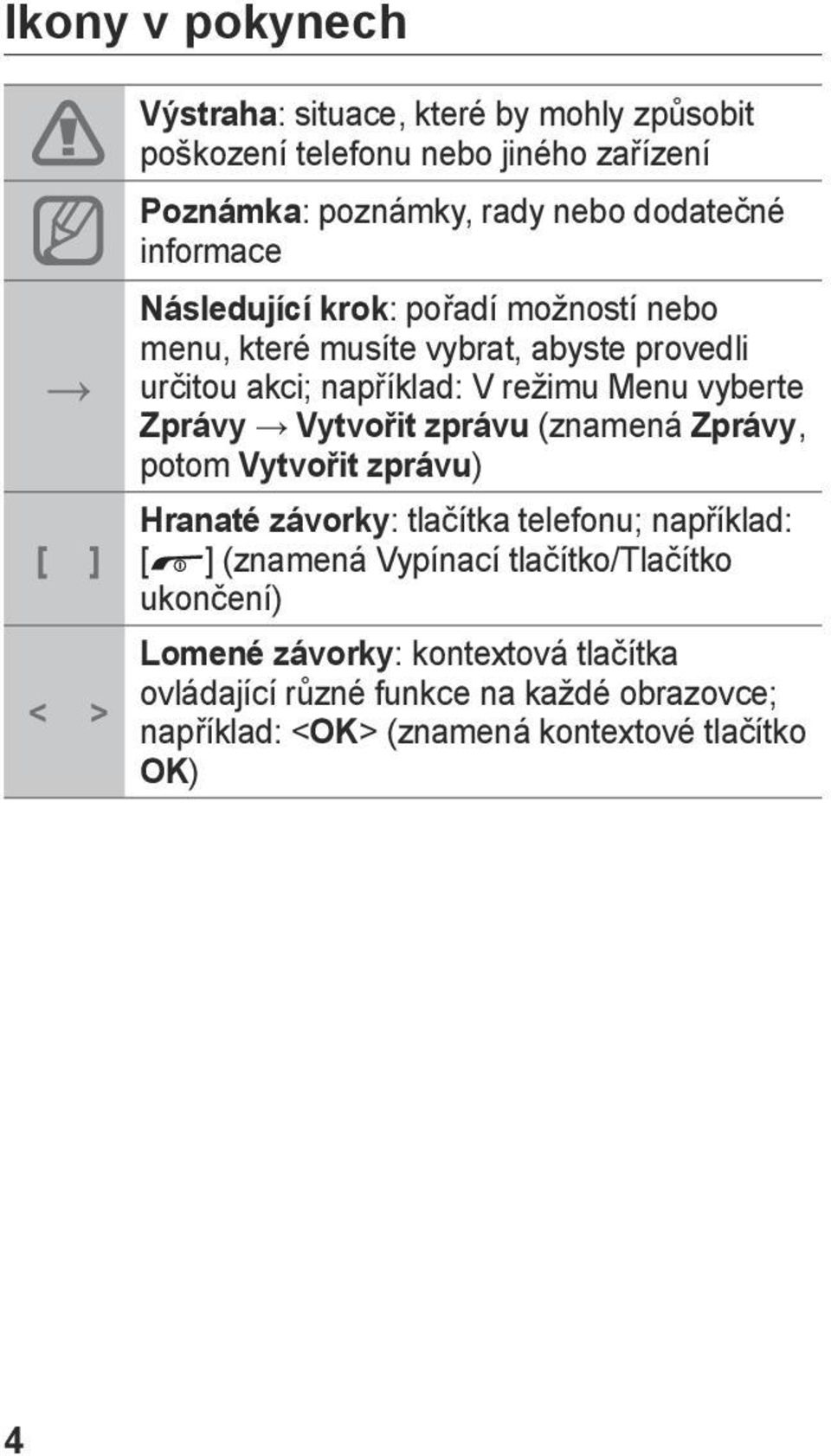 vyberte Zprávy Vytvořit zprávu (znamená Zprávy, potom Vytvořit zprávu) Hranaté závorky: tlačítka telefonu; například: [ ] (znamená Vypínací