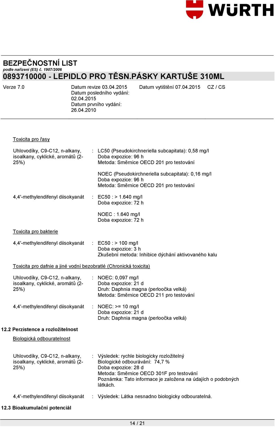 640 mg/l Doba expozice: 72 h Toxicita pro bakterie : EC50 : > 100 mg/l Doba expozice: 3 h Zkušební metoda: Inhibice dýchání aktivovaného kalu Toxicita pro dafnie a jiné vodní bezobratlé (Chronická