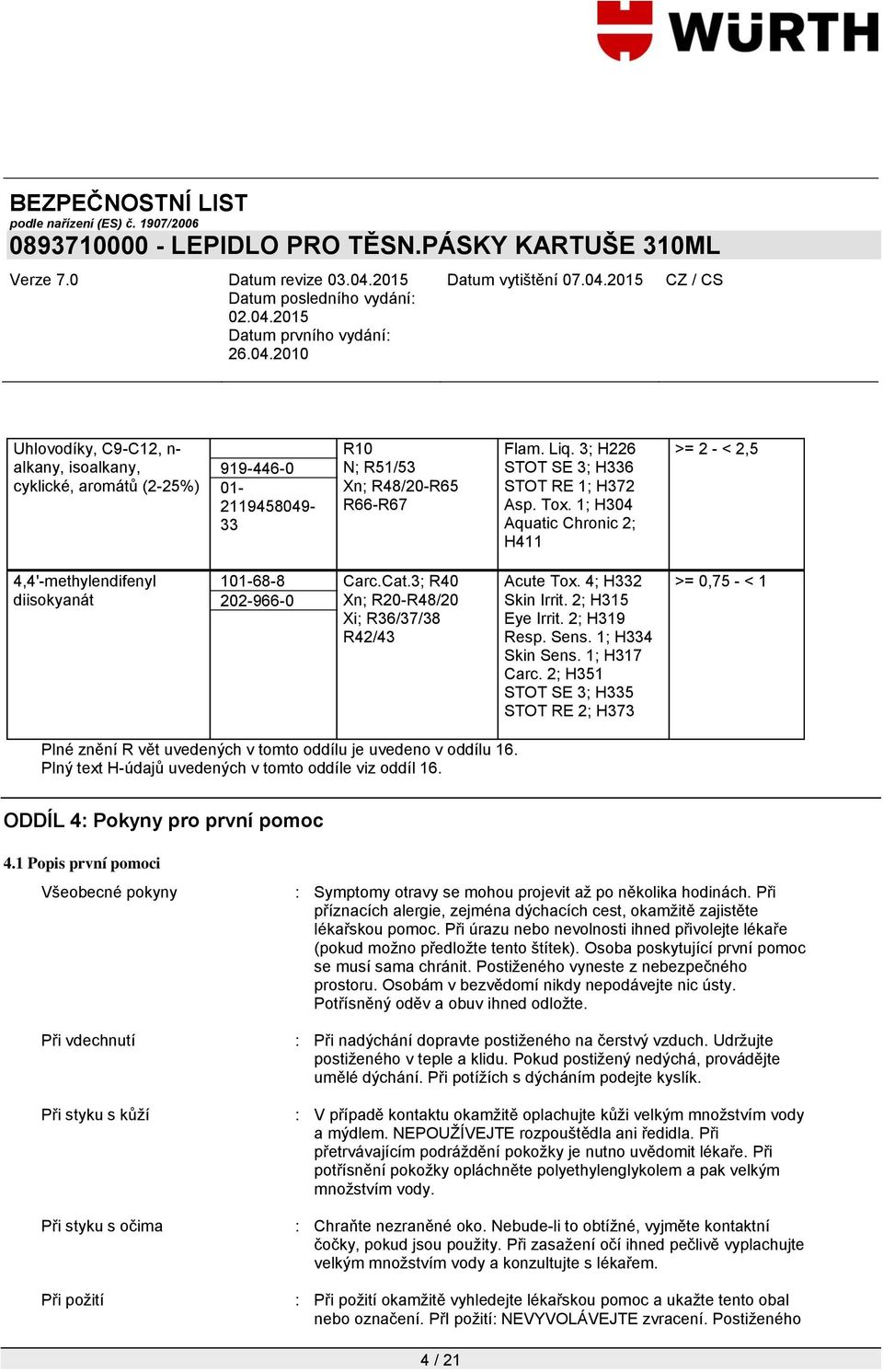 2; H319 Resp. Sens. 1; H334 Skin Sens. 1; H317 Carc. 2; H351 STOT SE 3; H335 STOT RE 2; H373 >= 0,75 - < 1 Plné znění R vět uvedených v tomto oddílu je uvedeno v oddílu 16.