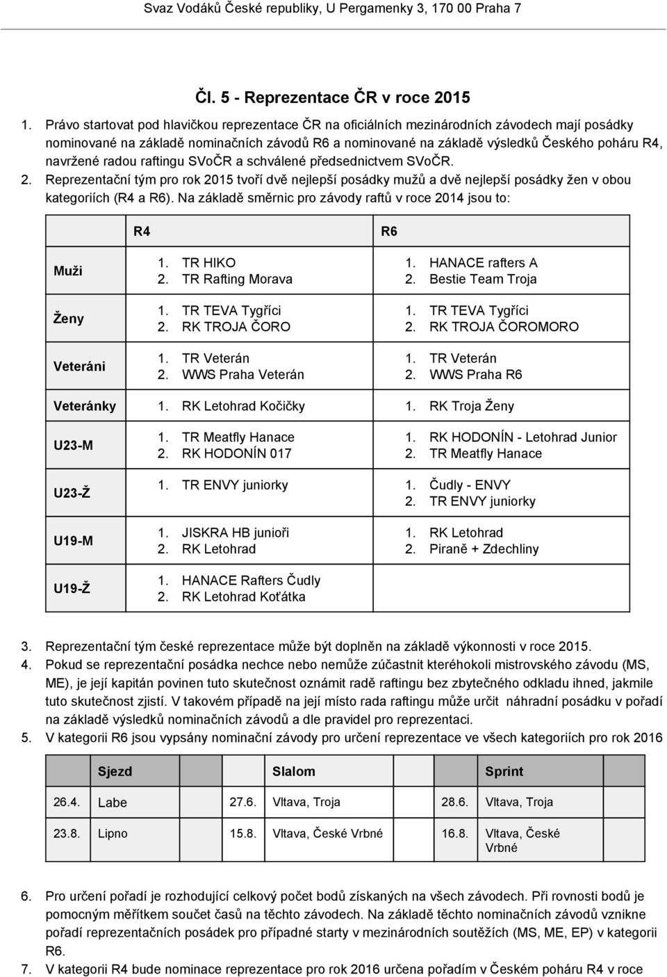 navržené radou raftingu SVoČR a schválené předsednictvem SVoČR. 2. Reprezentační tým pro rok 2015 tvoří dvě nejlepší posádky mužů a dvě nejlepší posádky žen v obou kategoriích (R4 a R6).