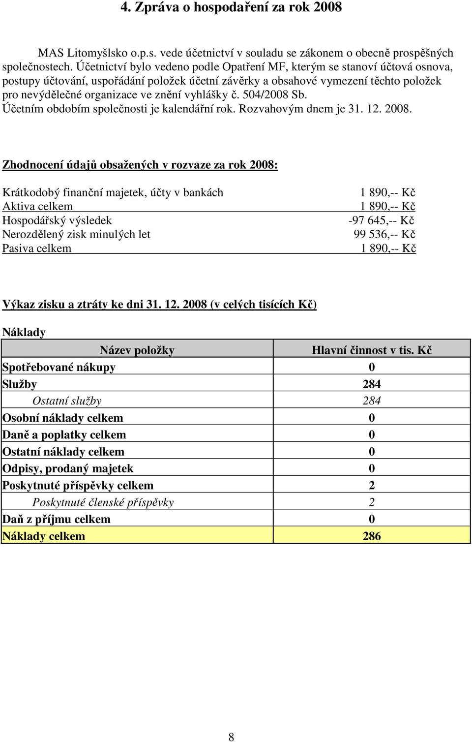 vyhlášky č. 504/2008 Sb. Účetním obdobím společnosti je kalendářní rok. Rozvahovým dnem je 31. 12. 2008.