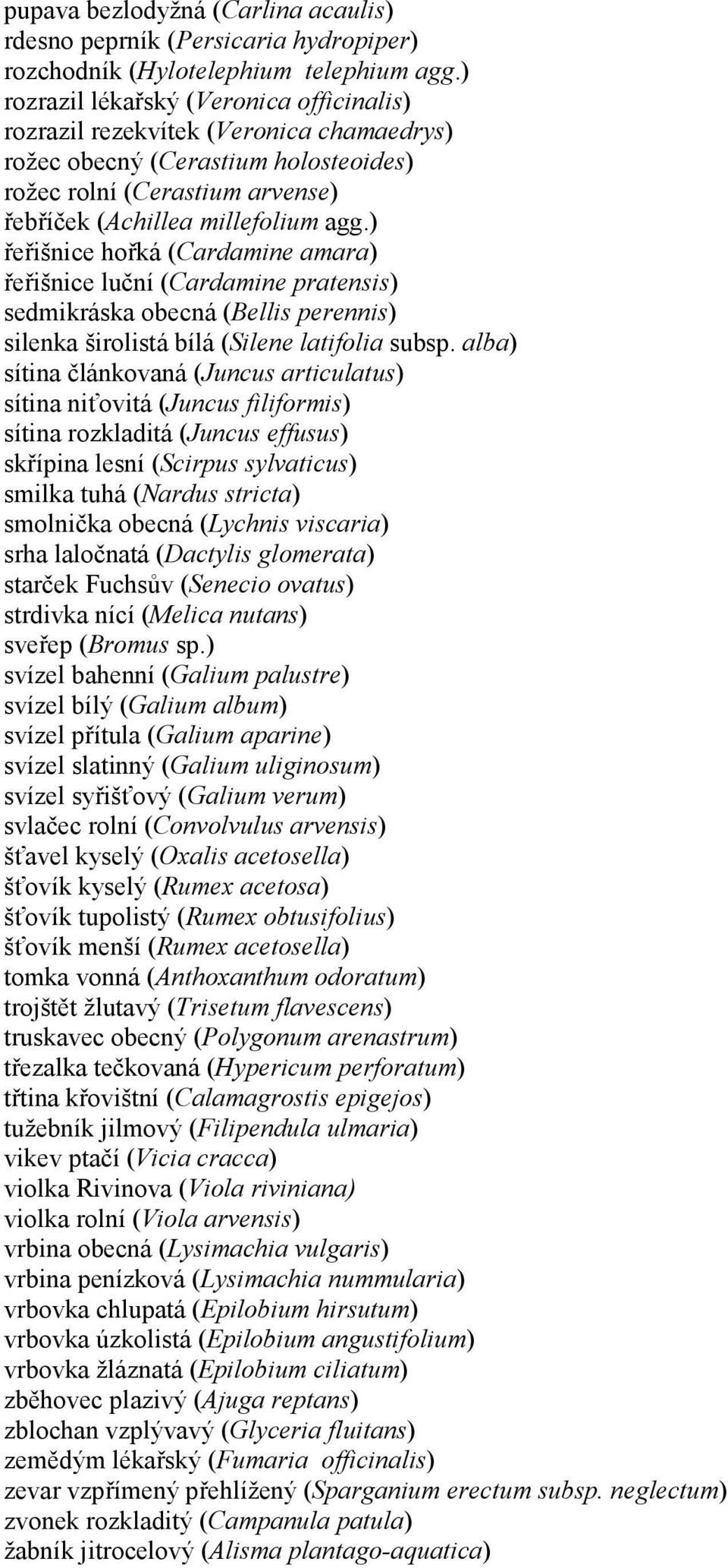 ) řeřišnice hořká (Cardamine amara) řeřišnice luční (Cardamine pratensis) sedmikráska obecná (Bellis perennis) silenka širolistá bílá (Silene latifolia subsp.