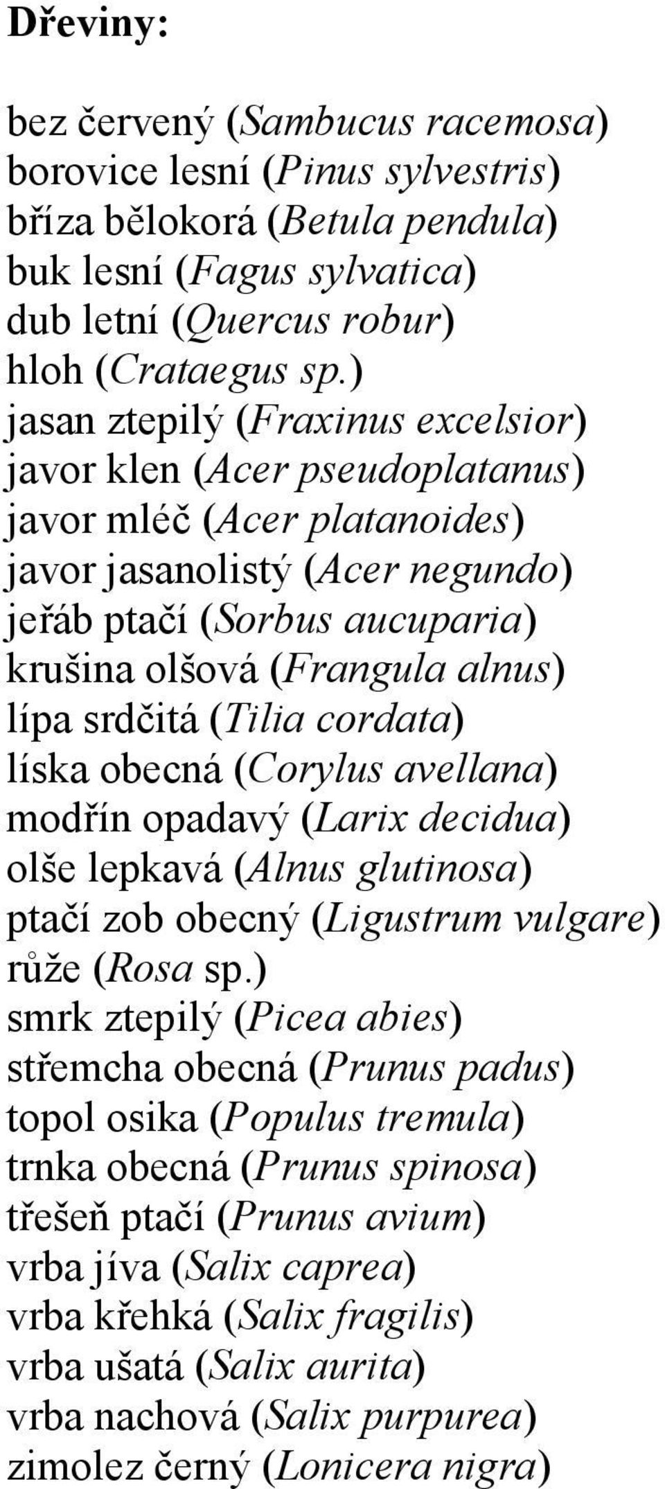 lípa srdčitá (Tilia cordata) líska obecná (Corylus avellana) modřín opadavý (Larix decidua) olše lepkavá (Alnus glutinosa) ptačí zob obecný (Ligustrum vulgare) růže (Rosa sp.