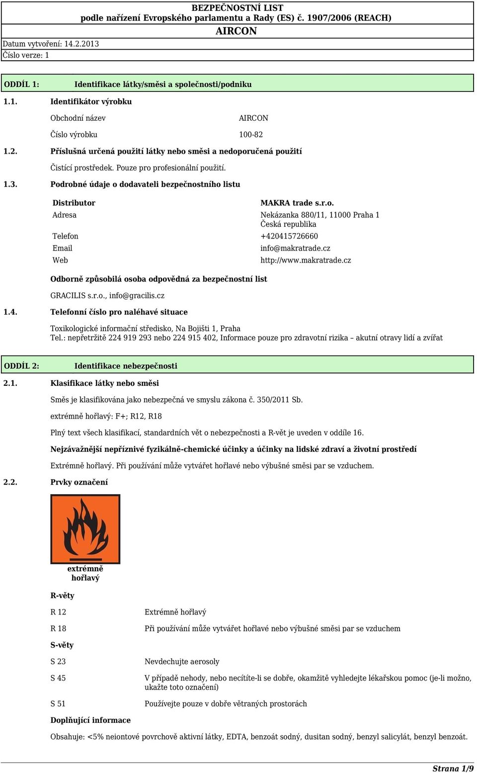 Podrobné údaje o dodavateli bezpečnostního listu Distributor MAKRA trade s.r.o. Adresa Nekázanka 880/11, 11000 Praha 1 Česká republika Telefon +420415726660 Email Web Odborně způsobilá osoba odpovědná za bezpečnostní list GRACILIS s.