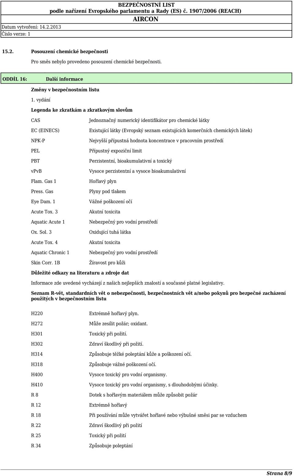 1B Jednoznačný numerický identifikátor pro chemické látky Existující látky (Evropský seznam existujících komerčních chemických látek) Nejvyšší přípustná hodnota koncentrace v pracovním prostředí