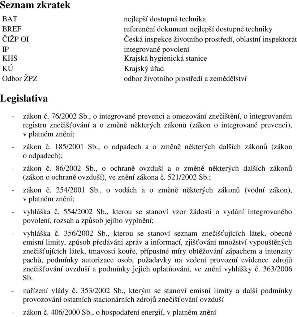 , o integrované prevenci a omezování znečištění, o integrovaném registru znečišťování a o změně některých zákonů (zákon o integrované prevenci), v platném znění; - zákon č. 185/2001 Sb.