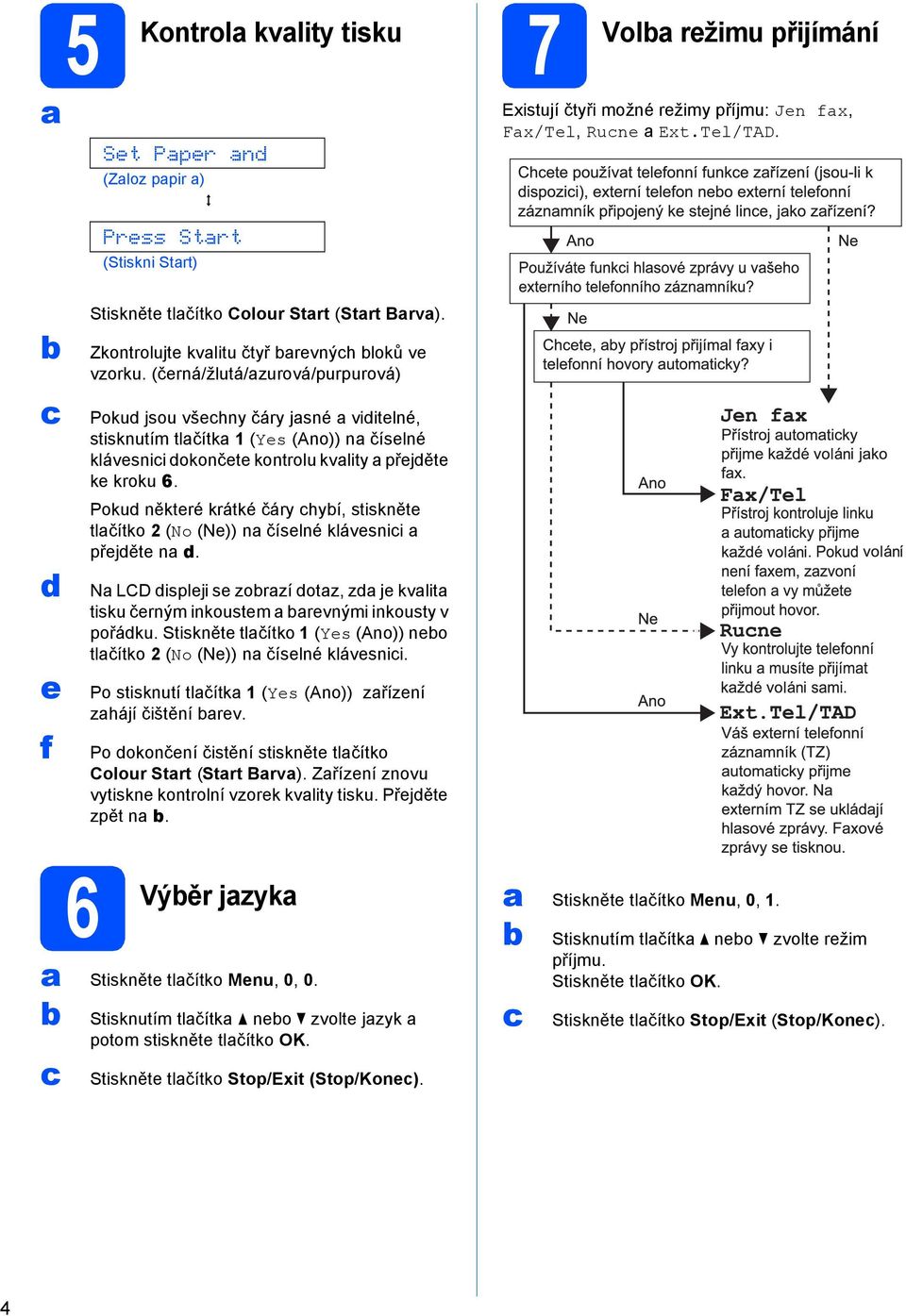 (černá/žlutá/zurová/purpurová) Poku jsou všehny čáry jsné viitelné, stisknutím tlčítk 1 (Yes (Ano)) n číselné klávesnii okončete kontrolu kvlity přejěte ke kroku 6.