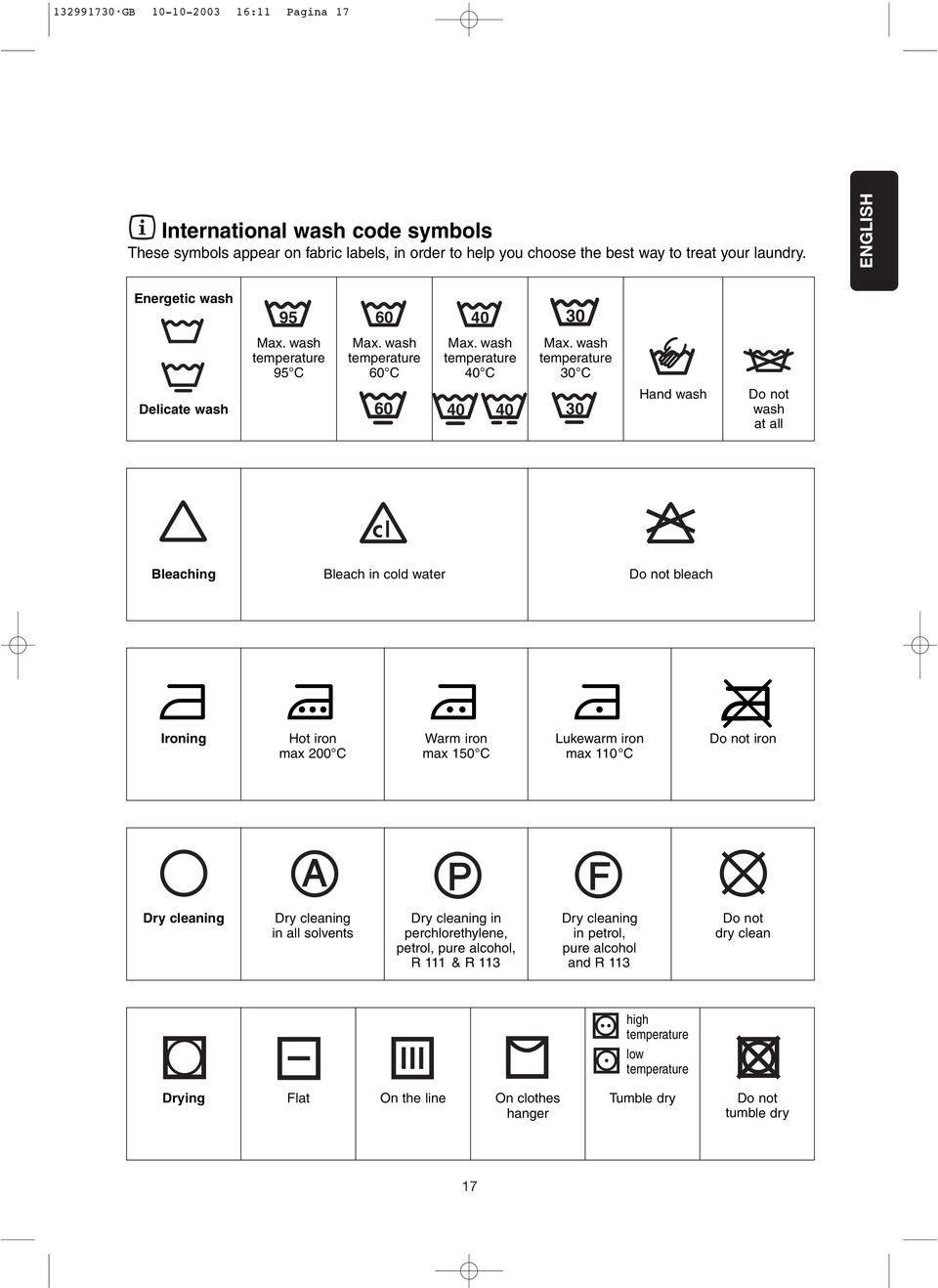 wash temperature 30 C Delicate wash 60 40 40 30 Hand wash Do not wash at all Bleaching Bleach in cold water Do not bleach Ironing Hot iron max 200 C Warm iron max 150 C Lukewarm iron max 110 C Do