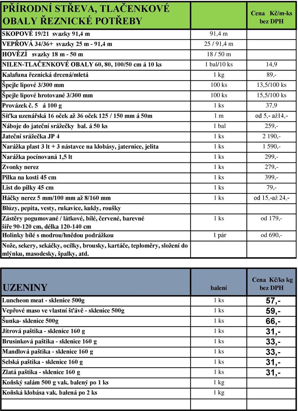 5 á 100 g 1 ks 37,9 Síťka uzenářská 16 oček až 36 oček 125 / 150 mm á 50m 1 m od 5,- až14,- Náboje do jateční srážečky bal.