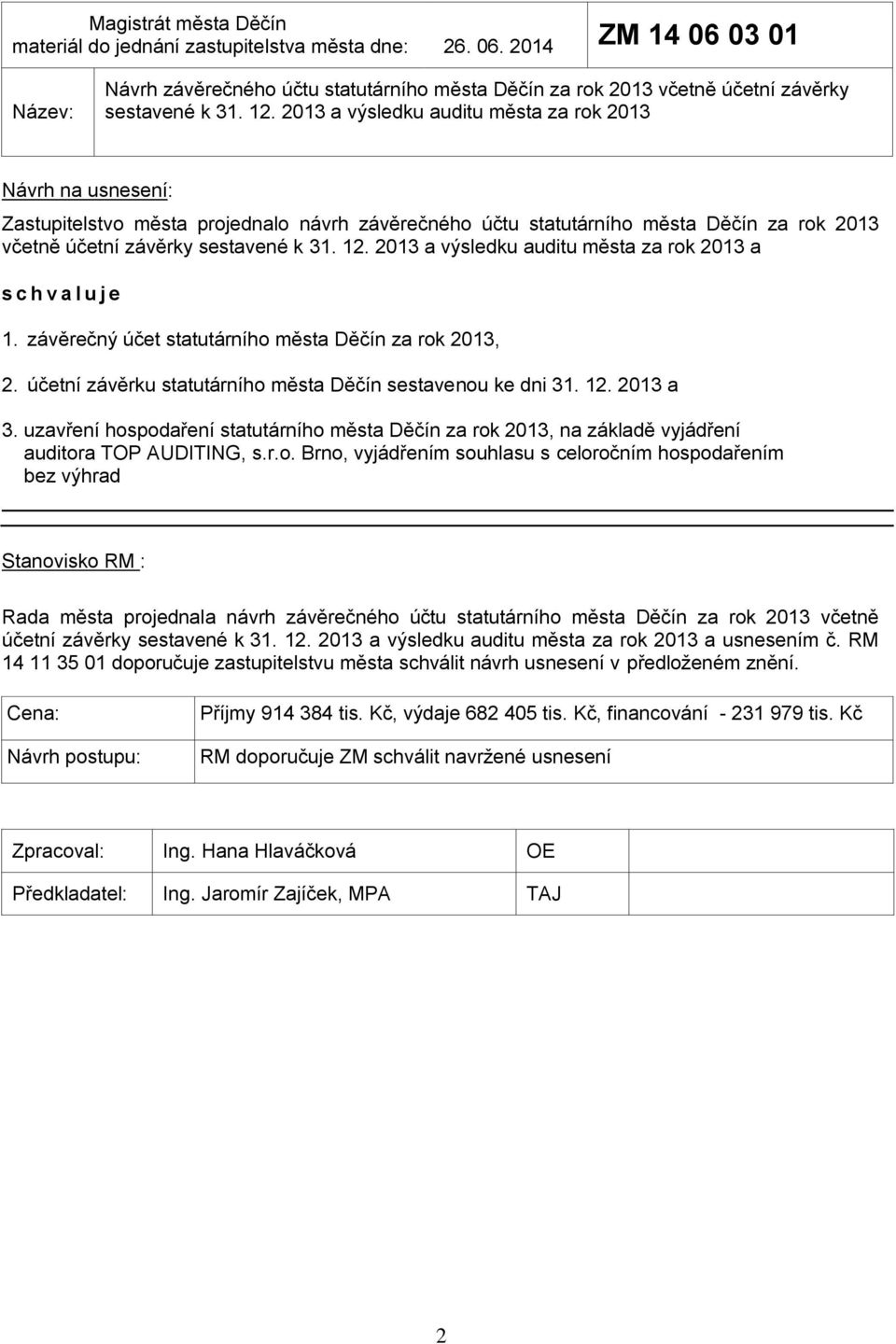 2013 a výsledku auditu města za rok 2013 a 1. závěrečný účet statutárního města Děčín za rok 2013, 2. účetní závěrku statutárního města Děčín sestavenou ke dni 31. 12. 2013 a 3.