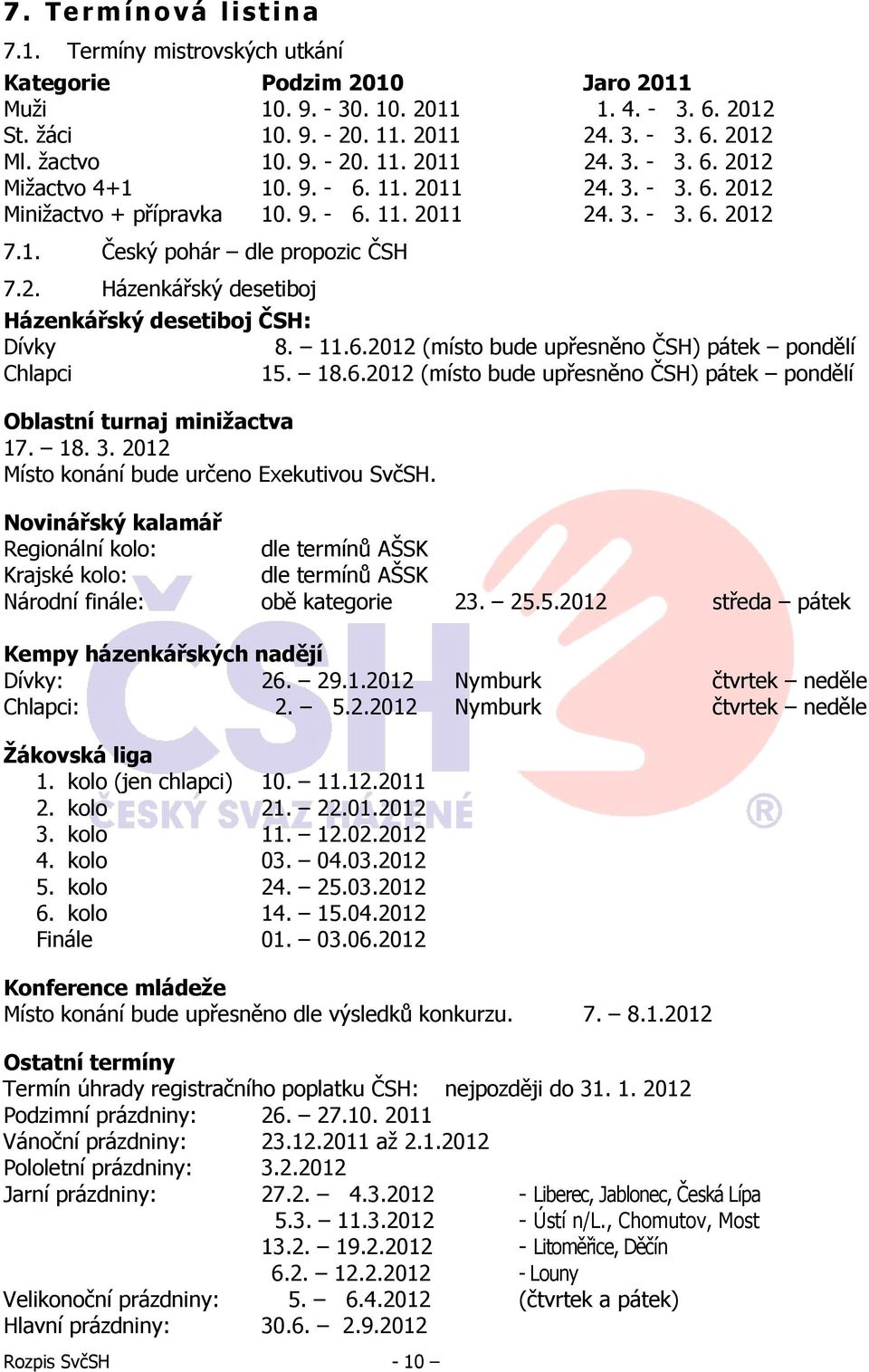 11.6.2012 (místo bude upřesněno ČSH) pátek pondělí Chlapci 15. 18.6.2012 (místo bude upřesněno ČSH) pátek pondělí Oblastní turnaj minižactva 17. 18. 3. 2012 Místo konání bude určeno Exekutivou SvčSH.
