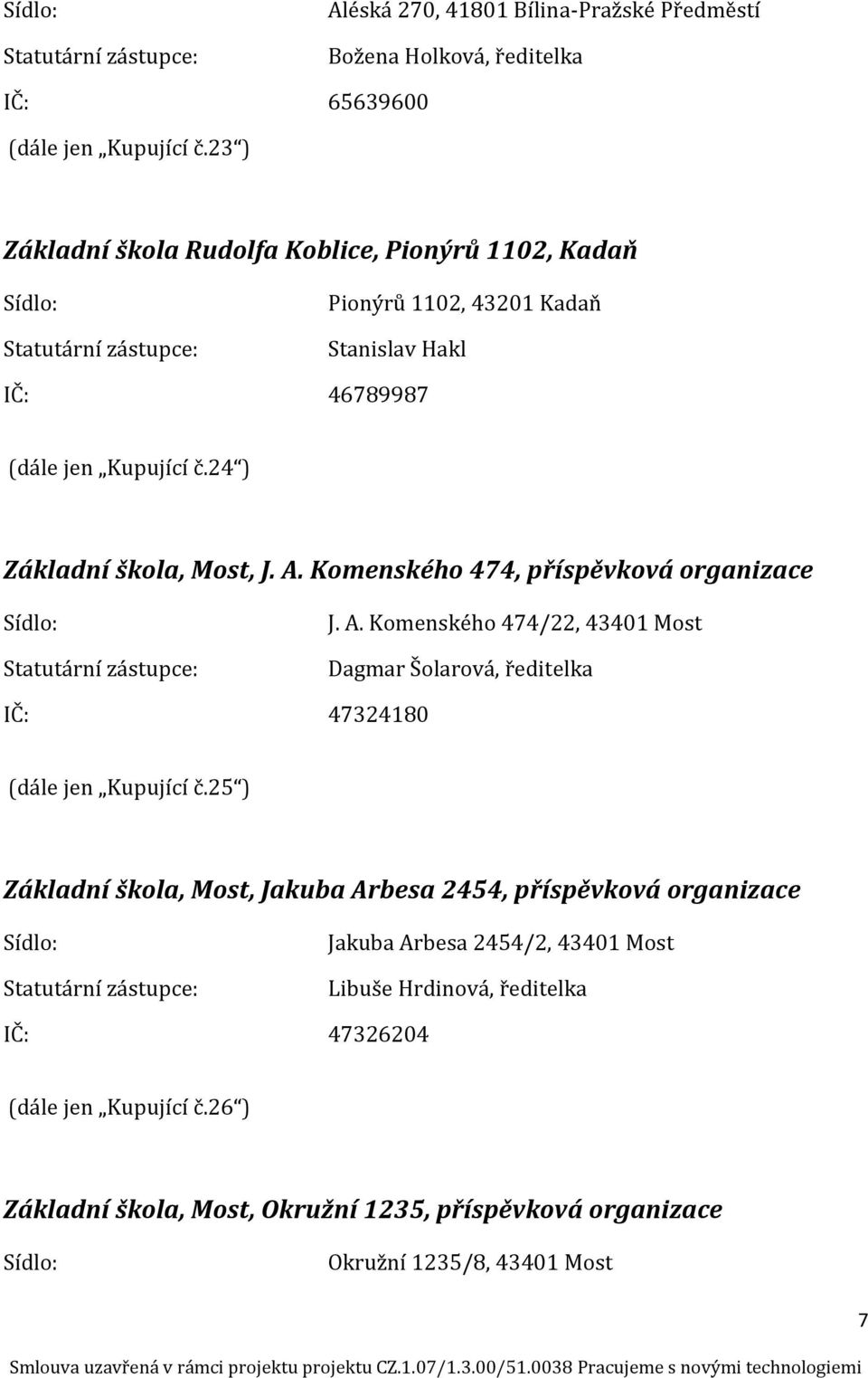 Komenského 474, příspěvková organizace J. A. Komenského 474/22, 43401 Most Dagmar Šolarová, ředitelka IČ: 47324180 (dále jen Kupující č.