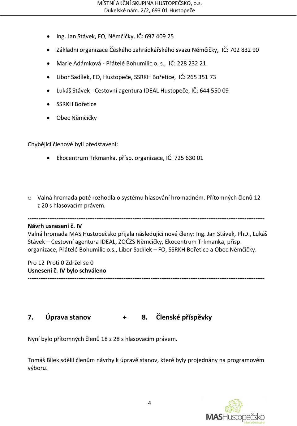 , IČ: 228 232 21 Libor Sadílek, FO, Hustopeče, SSRKH Bořetice, IČ: 265 351 73 Lukáš Stávek - Cestovní agentura IDEAL Hustopeče, IČ: 644 550 09 SSRKH Bořetice Obec Němčičky Chybějící členové byli