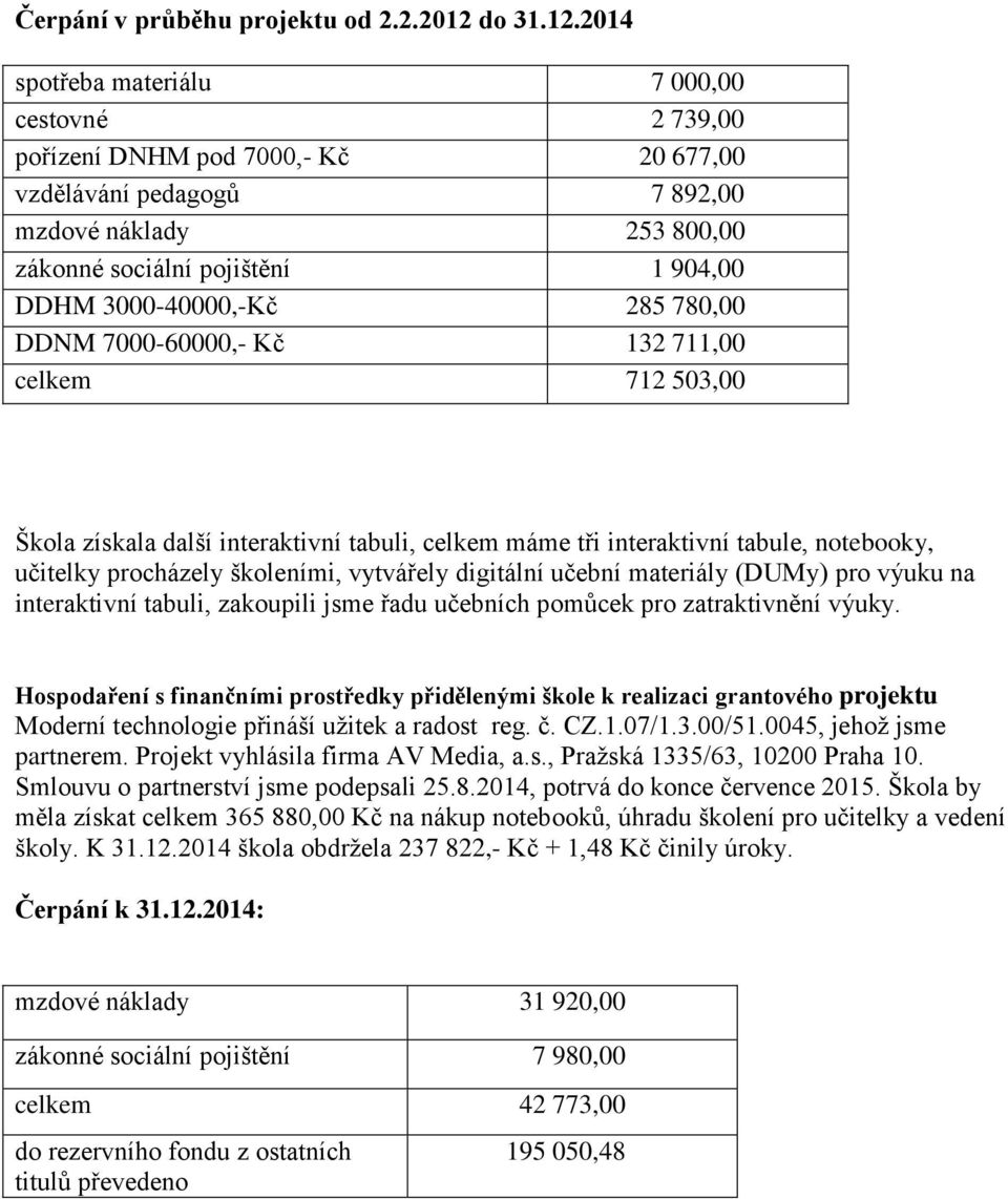 2014 spotřeba materiálu 7 000,00 cestovné 2 739,00 pořízení DNHM pod 7000,- Kč 20 677,00 vzdělávání pedagogů 7 892,00 mzdové náklady 253 800,00 zákonné sociální pojištění 1 904,00 DDHM 3000-40000,-Kč