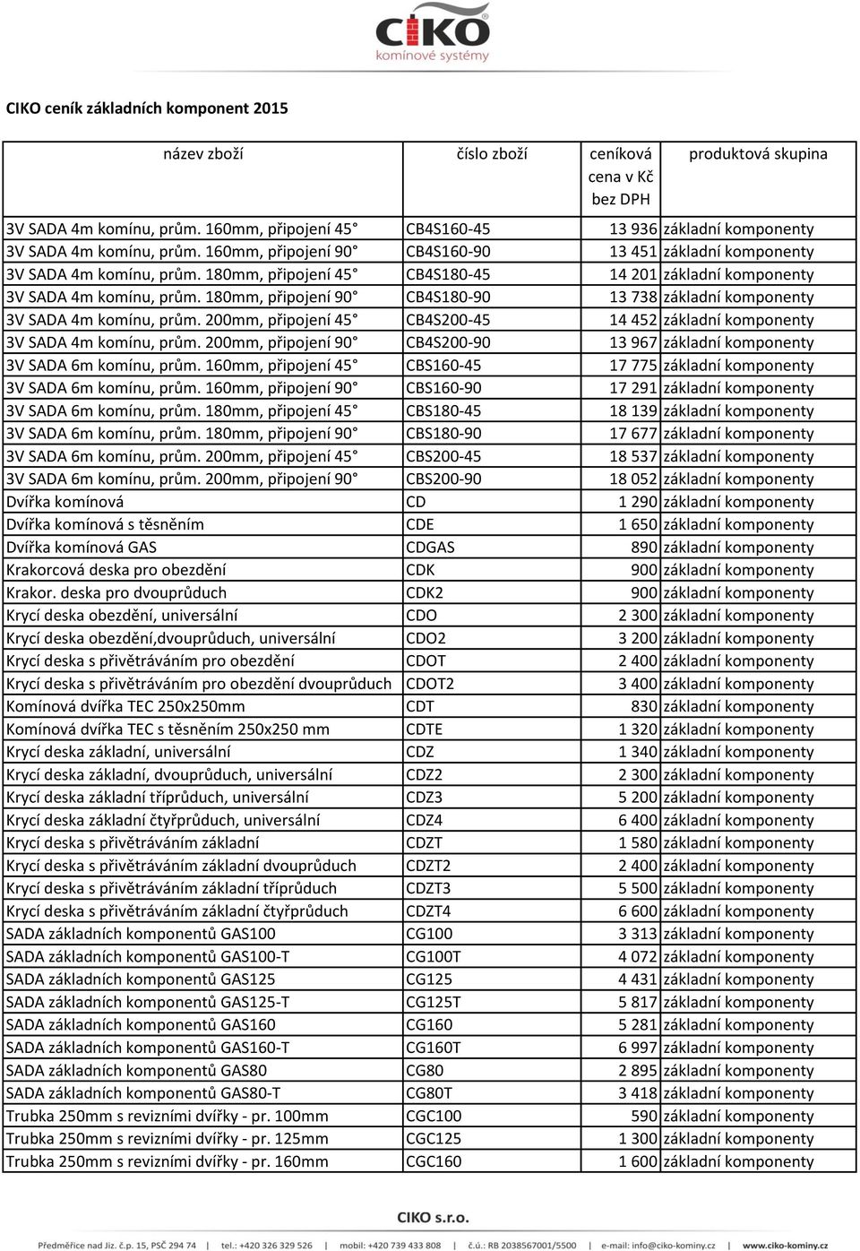 180mm, připojení 90 CB4S180-90 13 738 základní komponenty 3V SADA 4m komínu, prům. 200mm, připojení 45 CB4S200-45 14 452 základní komponenty 3V SADA 4m komínu, prům.