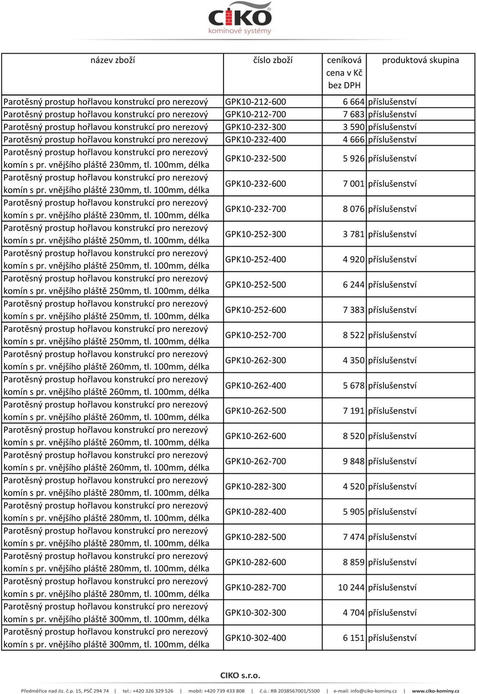 vnějšího pláště 250mm, tl. 100mm, délka GPK10-252-300 3 781 příslušenství komín s pr. vnějšího pláště 250mm, tl. 100mm, délka GPK10-252-400 4 920 příslušenství komín s pr. vnějšího pláště 250mm, tl. 100mm, délka GPK10-252-500 6 244 příslušenství komín s pr.
