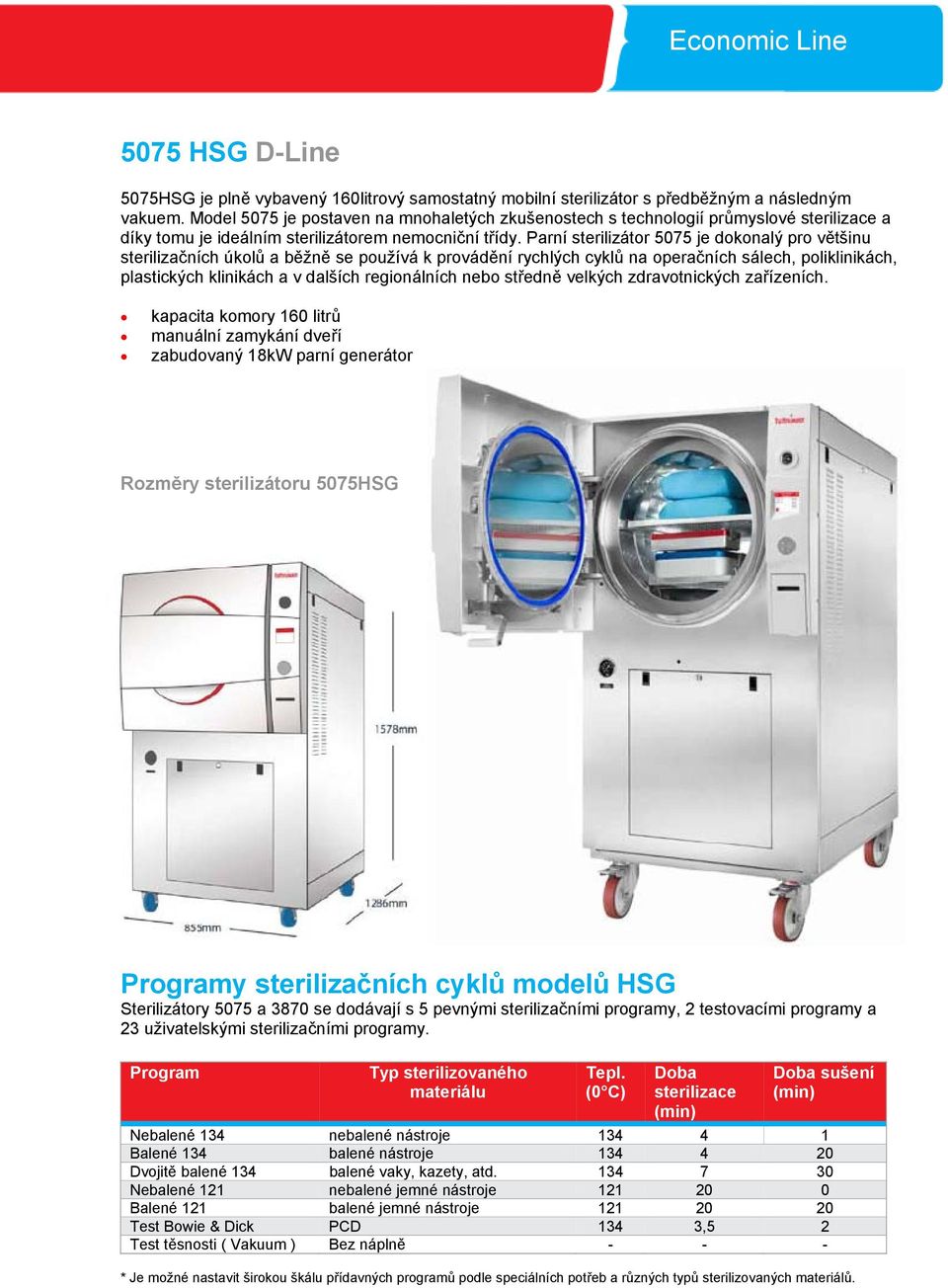 Parní sterilizátor 5075 je dokonalý pro většinu sterilizačních úkolů a běžně se používá k provádění rychlých cyklů na operačních sálech, poliklinikách, plastických klinikách a v dalších regionálních