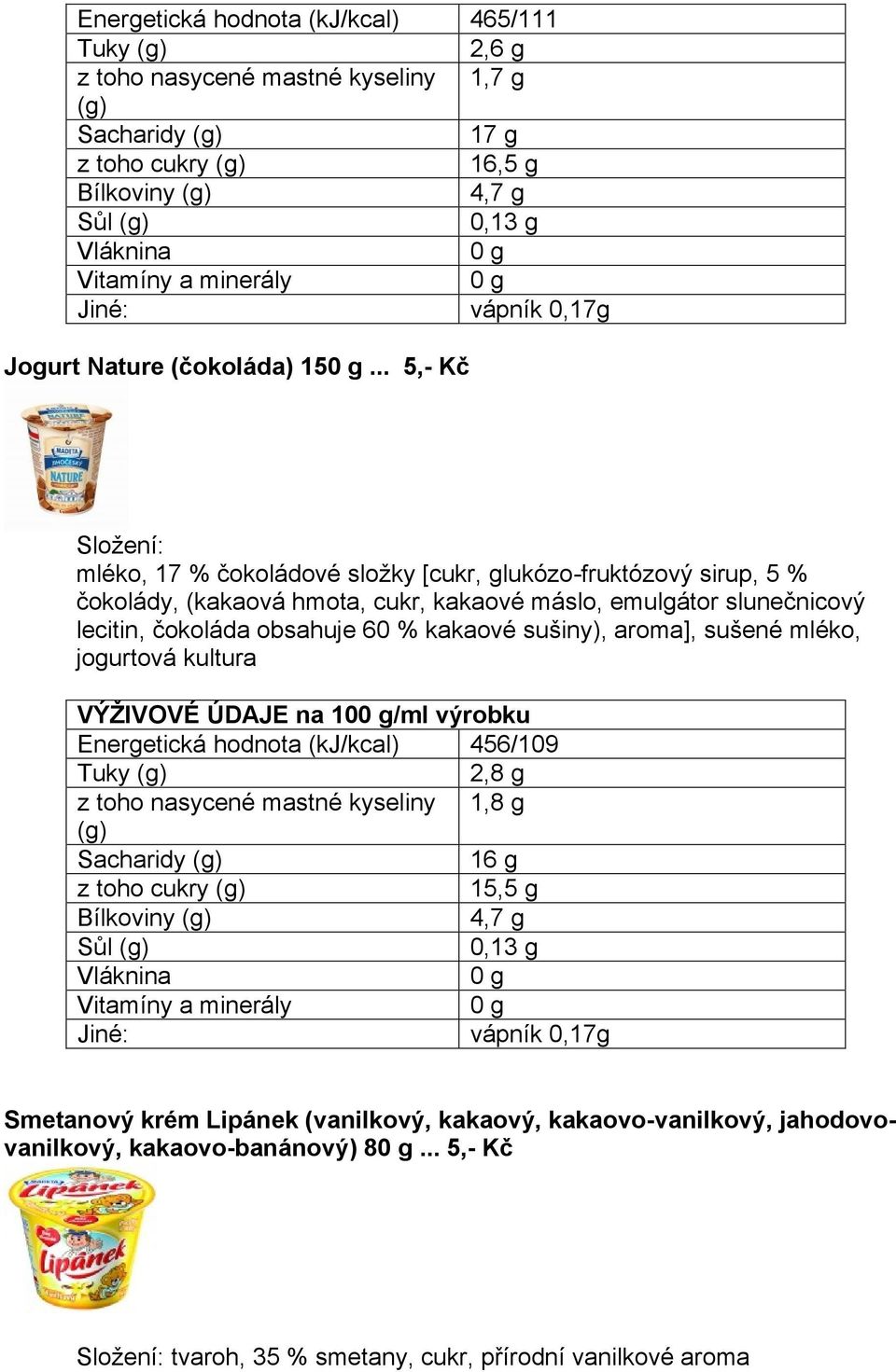 aroma], sušené mléko, jogurtová kultura VÝŽIVOVÉ ÚDAJE na 10/ml výrobku Energetická hodnota (kj/kcal) 456/109 Tuky 2,8 g z toho nasycené mastné kyseliny 1,8 g Sacharidy 16 g z toho cukry 15,5 g