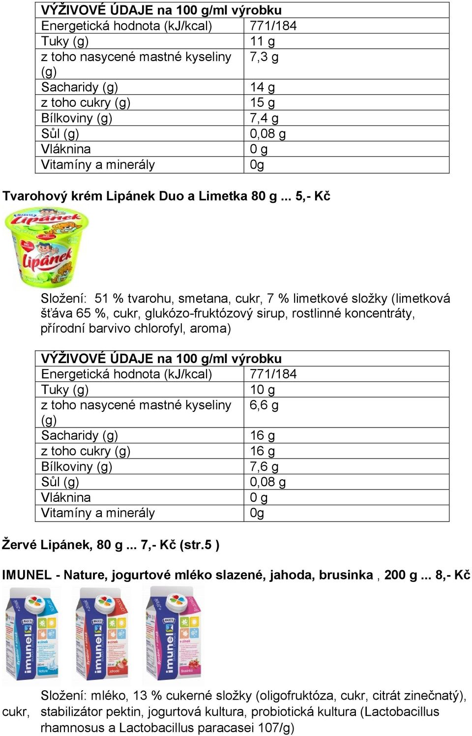 .. 5,- Kč 51 % tvarohu, smetana, cukr, 7 % limetkové složky (limetková šťáva 65 %, cukr, glukózo-fruktózový sirup, rostlinné koncentráty, přírodní barvivo chlorofyl, aroma) VÝŽIVOVÉ ÚDAJE na 10/ml