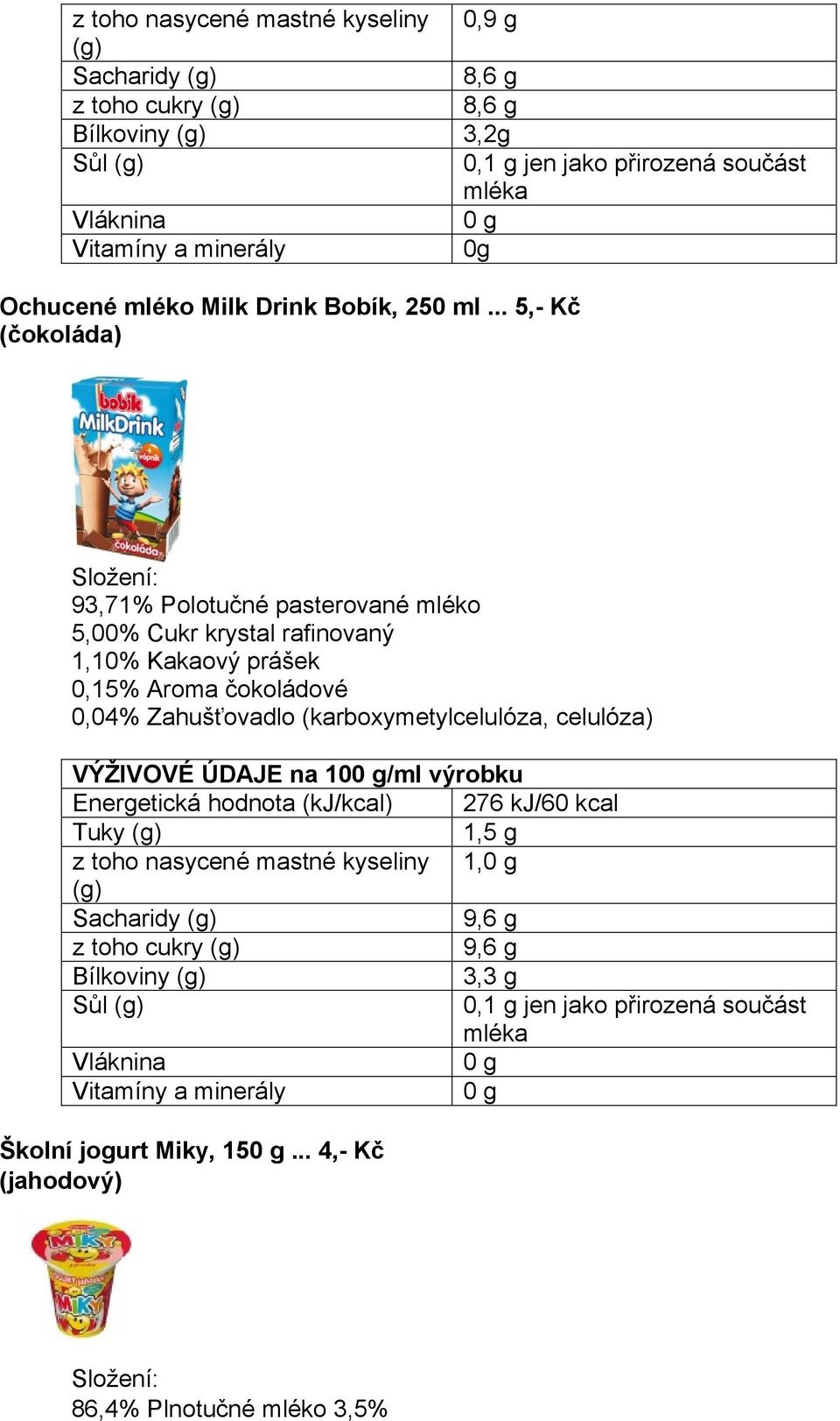 Zahušťovadlo (karboxymetylcelulóza, celulóza) VÝŽIVOVÉ ÚDAJE na 10/ml výrobku Energetická hodnota (kj/kcal) 276 kj/60 kcal Tuky 1,5 g z