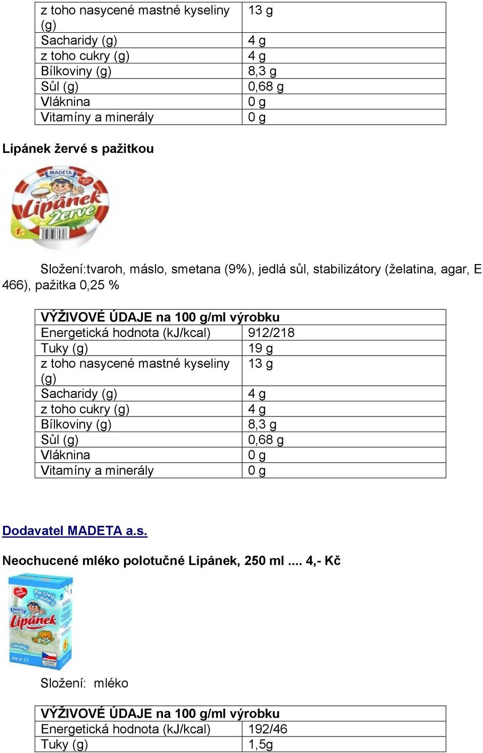 (kj/kcal) 912/218 Tuky 19 g z toho nasycené mastné kyseliny 13 g Sacharidy 4 g z toho cukry 4 g Bílkoviny 8,3 g 0,68 g Dodavatel