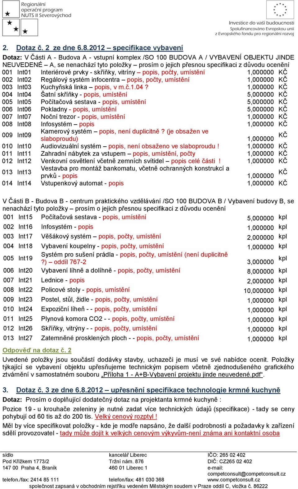 ocenění 001 Int01 Interiérové prvky - skříňky, vitríny popis, počty, umístění 1,000000 KČ 002 Int02 Regálový systém infocentra popis, počty, umístění 1,000000 KČ 003 Int03 Kuchyňská linka popis, v m.