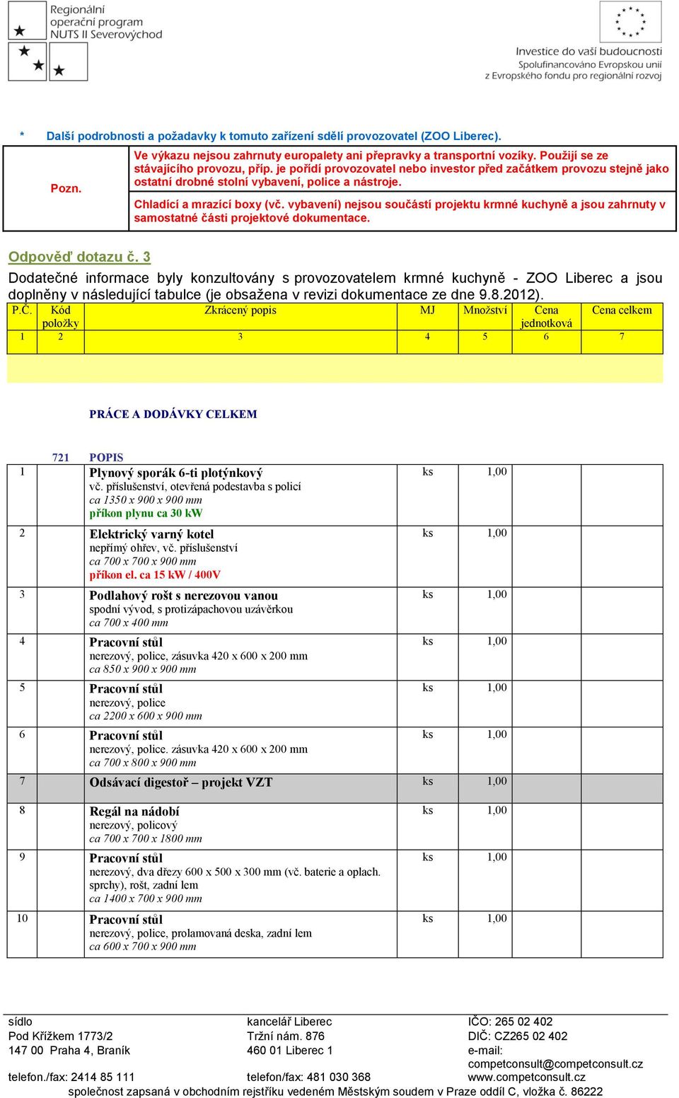 vybavení) nejsou součástí projektu krmné kuchyně a jsou zahrnuty v samostatné části projektové dokumentace. Odpověď dotazu č.