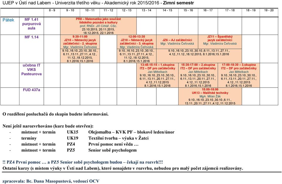 skupina FUD 437a 15:00-18:00 UK13 Malířské techniky 6.11., 13.11.,20.11.,27.11., O rozdělení posluchačů do skupin budete informováni.