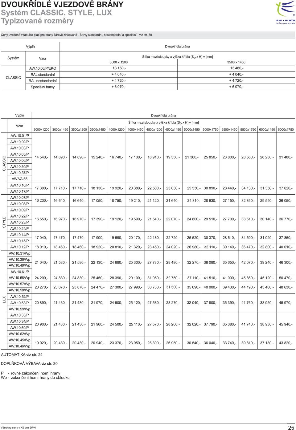 06/P/EKO RAL standardní RAL nestandardní Speciální barvy Šíøka mezi sloupky x výška køídla (S x H) v [mm] o 3500 x 200 3500 x 450 3 50,- + 4 040,- + 4 720,- + 6 070,- 3 480,- + 4 040,- + 4 720,- + 6