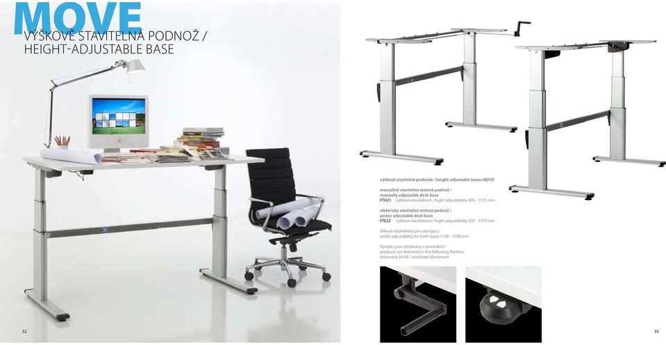 stavitelná stolová podnož / power adjustable desk base FTE22 výšková stavitelnost / hight adjustability 620-1270 mm šířková