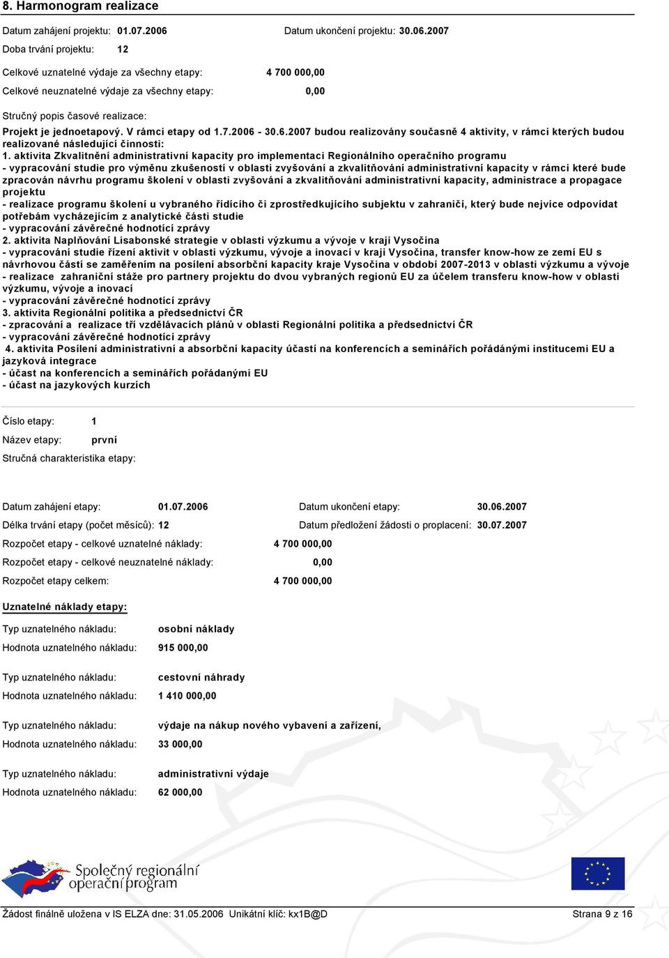 2007 12 Celkové uznatelné výdaje za všechny etapy: 4 700 00 Celkové neuznatelné výdaje za všechny etapy: Stručný popis časové realizace: Projekt je jednoetapový. V rámci etapy od 1.7.2006-