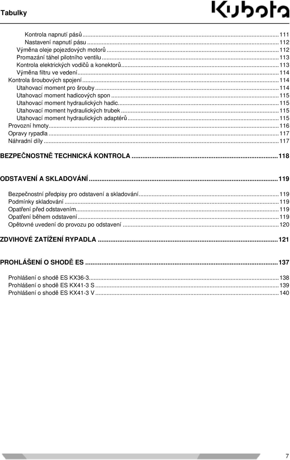 ..115 Utahovací moment hydraulických trubek...115 Utahovací moment hydraulických adaptérů...115 Provozní hmoty...116 Opravy rypadla...117 Náhradní díly...117 BEZPEČNOSTNĚ TECHNICKÁ KONTROLA.