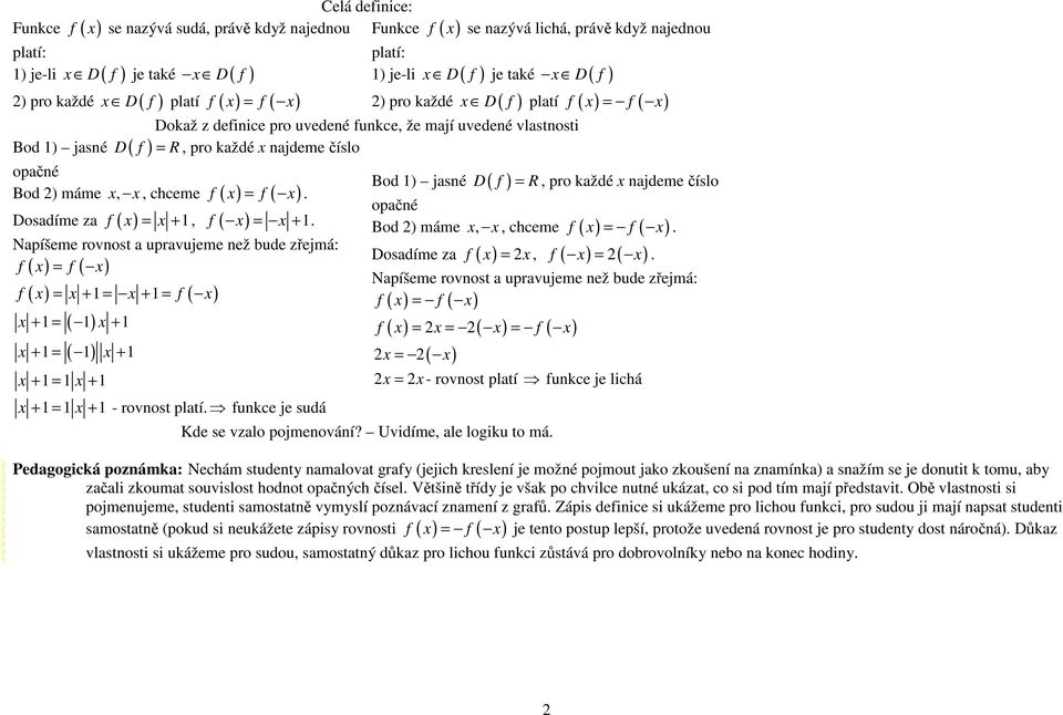 najdeme číslo opačné Bod ) máme x, x, chceme f ( x) = f ( x) Dosadíme za f ( x) = x + 1, f ( x) x 1 = + Napíšeme rovnost a upravujeme než bude zřejmá: f x = f x ( ) ( ) ( ) = + 1 = + 1 = ( ) + 1 = (