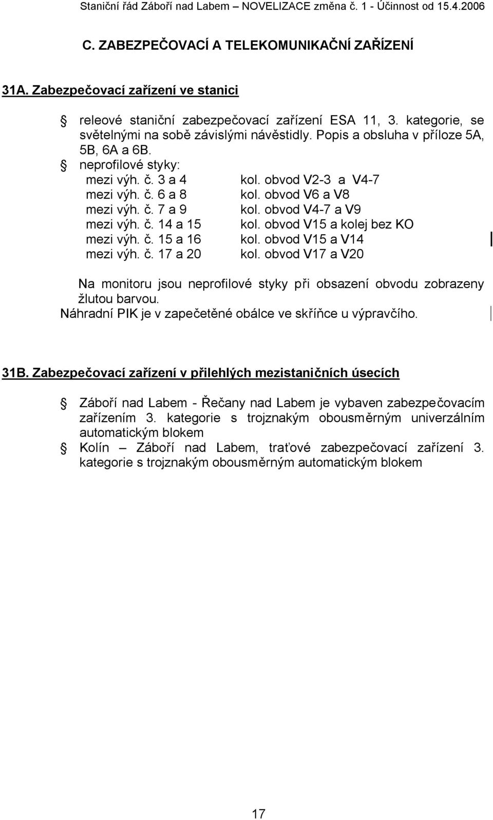 obvod V15 a kolej bez KO mezi výh. č. 15 a 16 kol. obvod V15 a V14 mezi výh. č. 17 a 20 kol. obvod V17 a V20 Na monitoru jsou neprofilové styky při obsazení obvodu zobrazeny žlutou barvou.