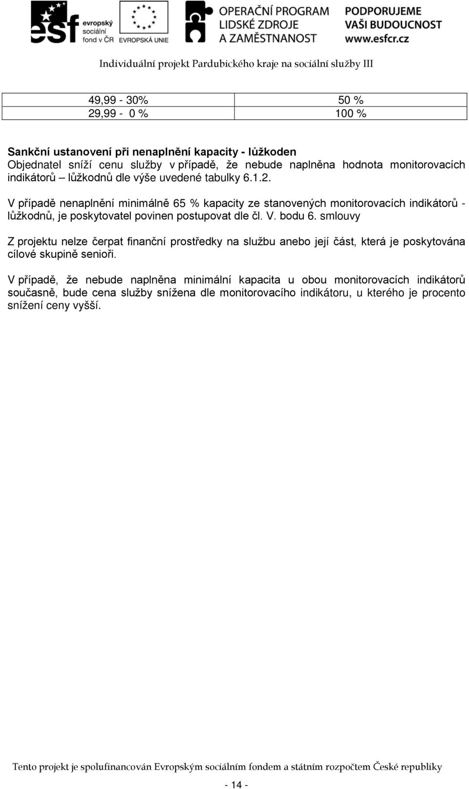V případě nenaplnění minimálně 65 % kapacity ze stanovených monitorovacích indikátorů - lůžkodnů, je poskytovatel povinen postupovat dle čl. V. bodu 6.