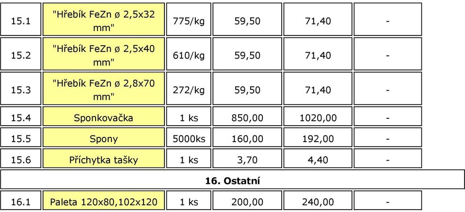 mm" 775/kg 59,50 71,40-610/kg 59,50 71,40-272/kg 59,50 71,40-15.