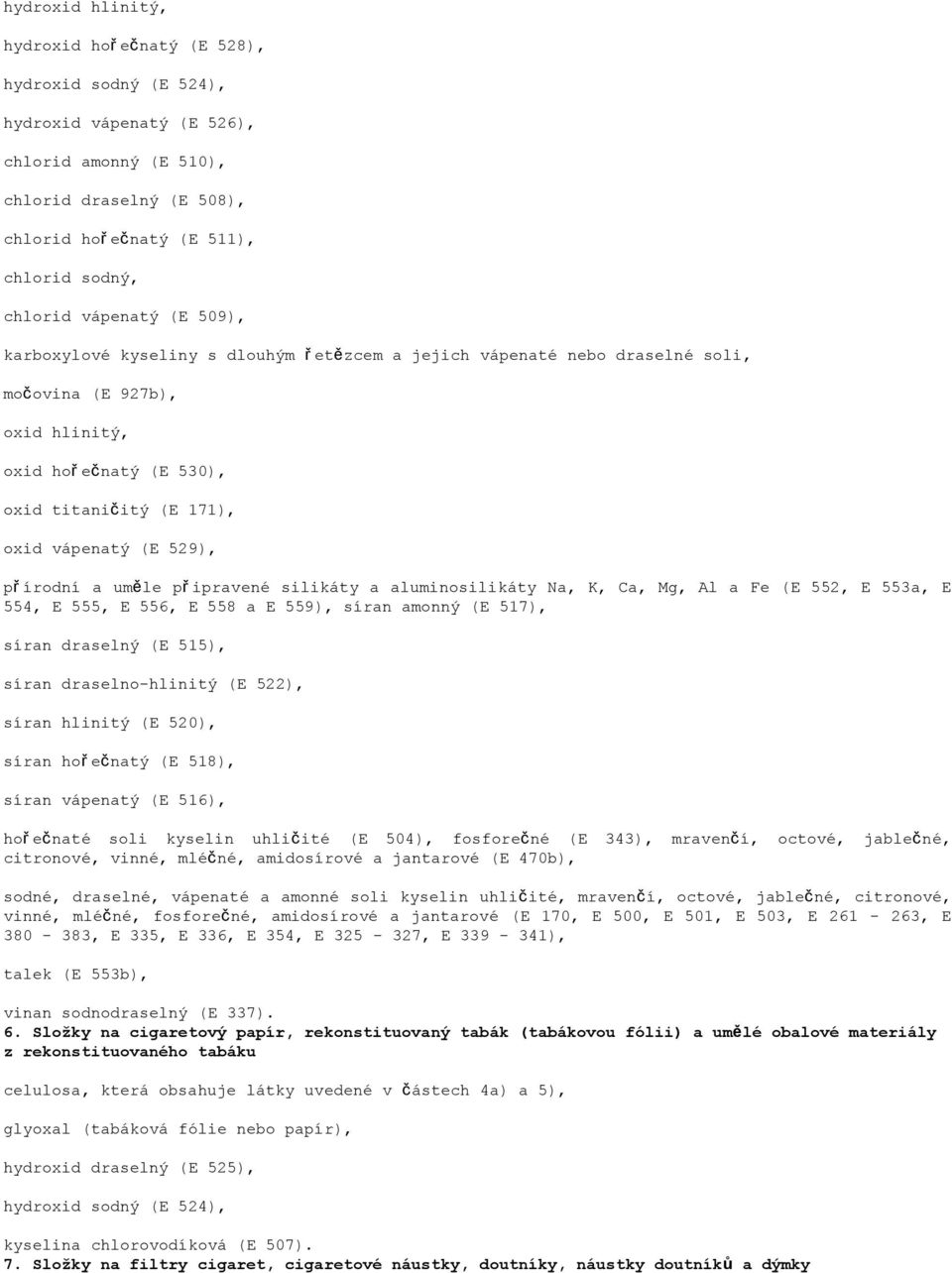 529), př írodní a uměle př ipravené silikáty a aluminosilikáty Na, K, Ca, Mg, Al a Fe (E 552, E 553a, E 554, E 555, E 556, E 558 a E 559), síran amonný (E 517), síran draselný (E 515), síran