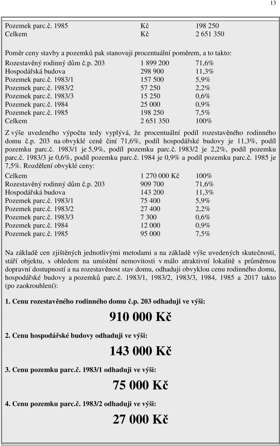 p. 203 na obvyklé ceně činí 71,6%, podíl hospodářské budovy je 11,3%, podíl pozemku parc.č. 1983/1 je 5,9%, podíl pozemku parc.č. 1983/2 je 2,2%, podíl pozemku parc.č. 1983/3 je 0,6%, podíl pozemku parc.