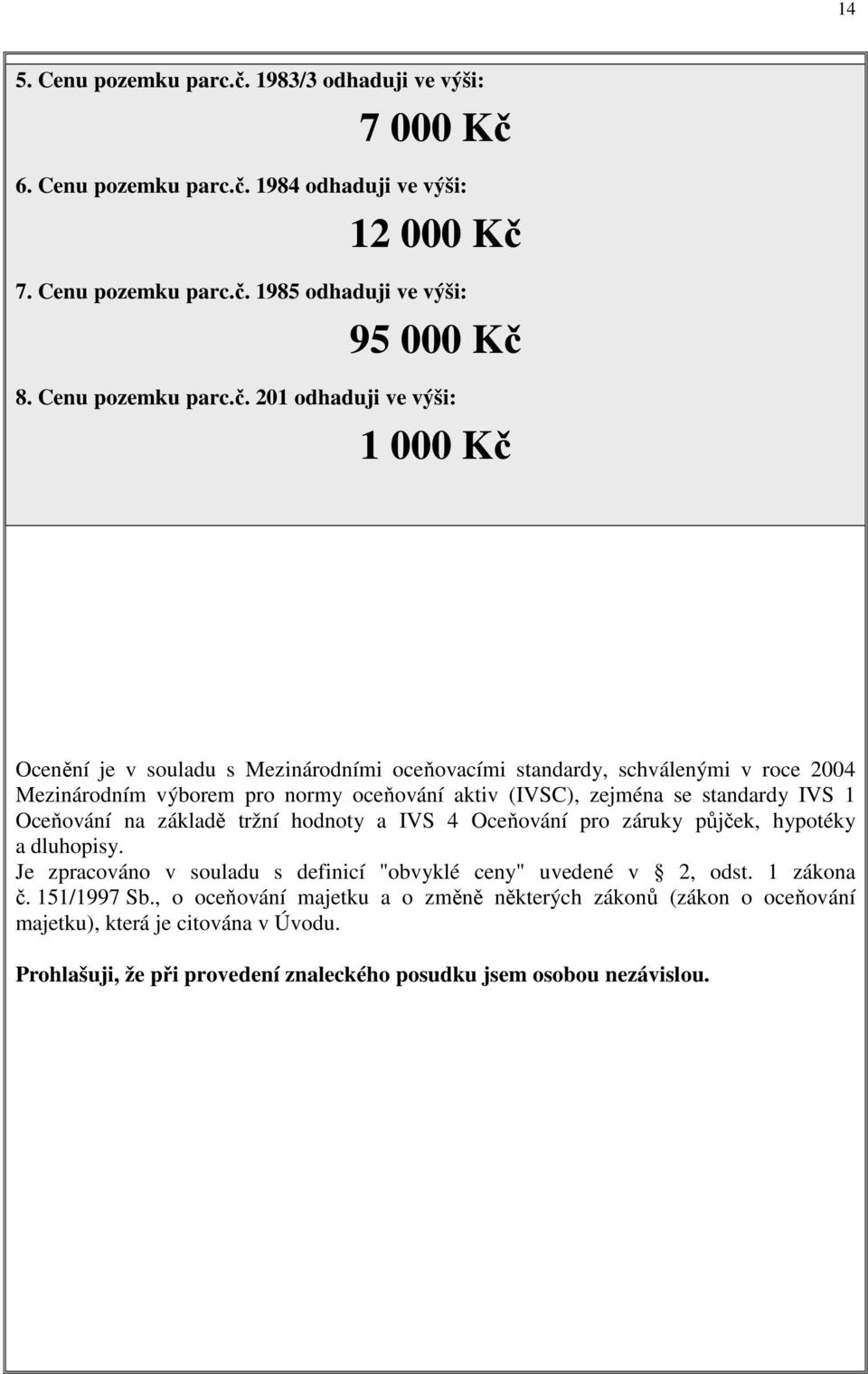 201 odhaduji ve výši: 1 000 Kč Ocenění je v souladu s Mezinárodními oceňovacími standardy, schválenými v roce 2004 Mezinárodním výborem pro normy oceňování aktiv (IVSC), zejména se