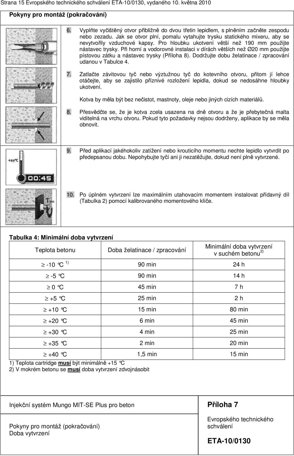 Při horní a vodorovné instalaci v dírách větších než Ø20 mm použijte pístovou zátku a nástavec trysky (Příloha 8). Dodržujte dobu želatinace / zpracování udanou v Tabulce 4. 7.