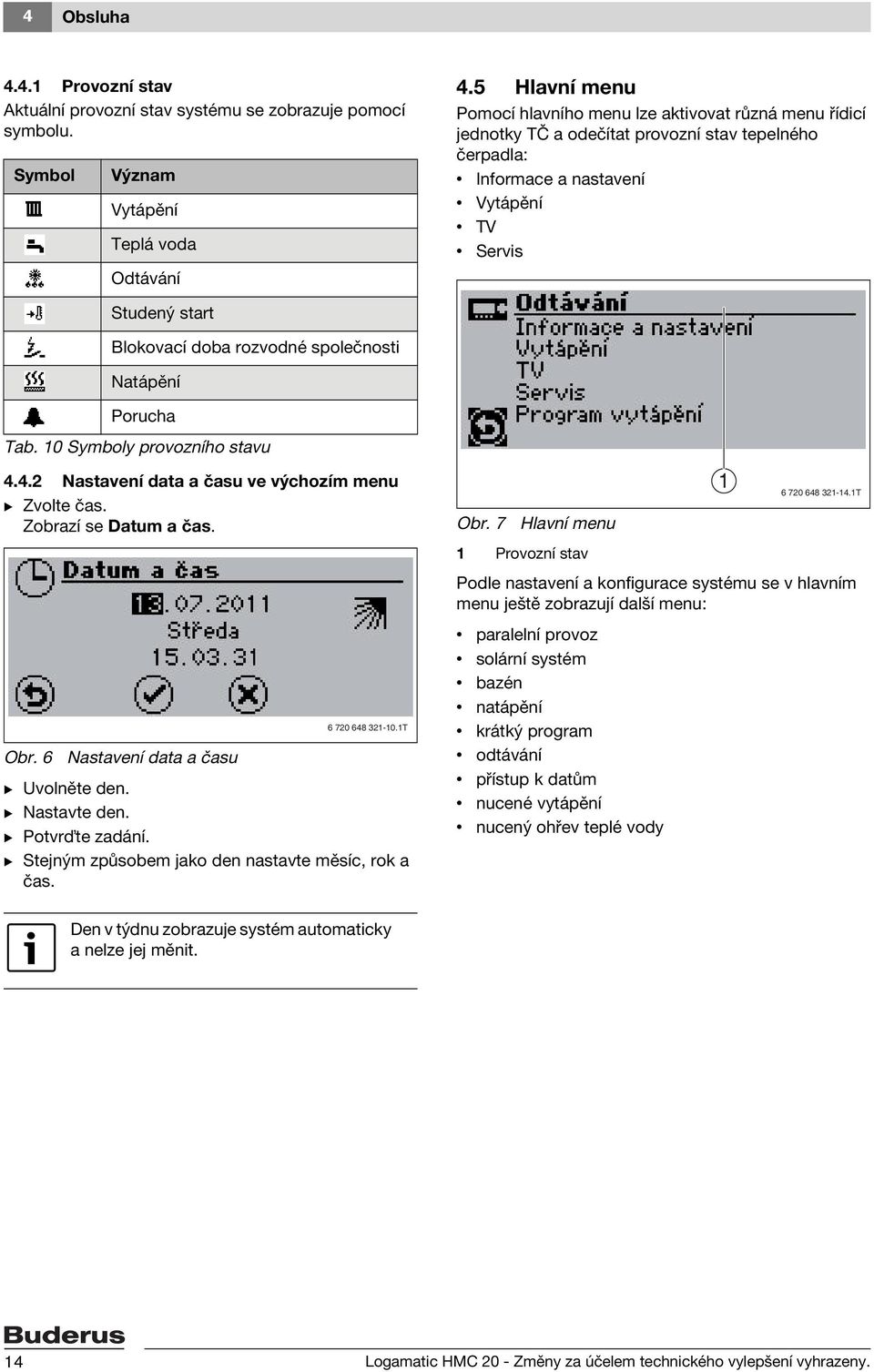 rozvodné společnosti Natápění Porucha Tab. 10 Symboly provozního stavu 4.4.2 Nastavení data a času ve výchozím menu B Zvolte čas. Zobrazí se Datum a čas. 6 720 648 321-10.1T Obr.