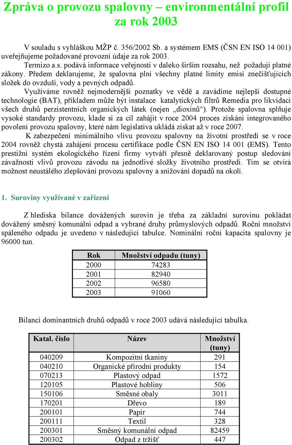 Předem deklarujeme, že spalovna plní všechny platné limity emisí znečišťujících složek do ovzduší, vody a pevných odpadů.