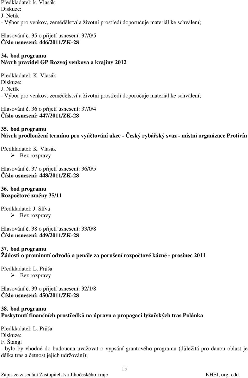 36 o přijetí usnesení: 37/0/4 Číslo usnesení: 447/2011/ZK-28 35. bod programu Návrh prodloužení termínu pro vyúčtování akce - Český rybářský svaz - místní organizace Protivín Předkladatel: K.