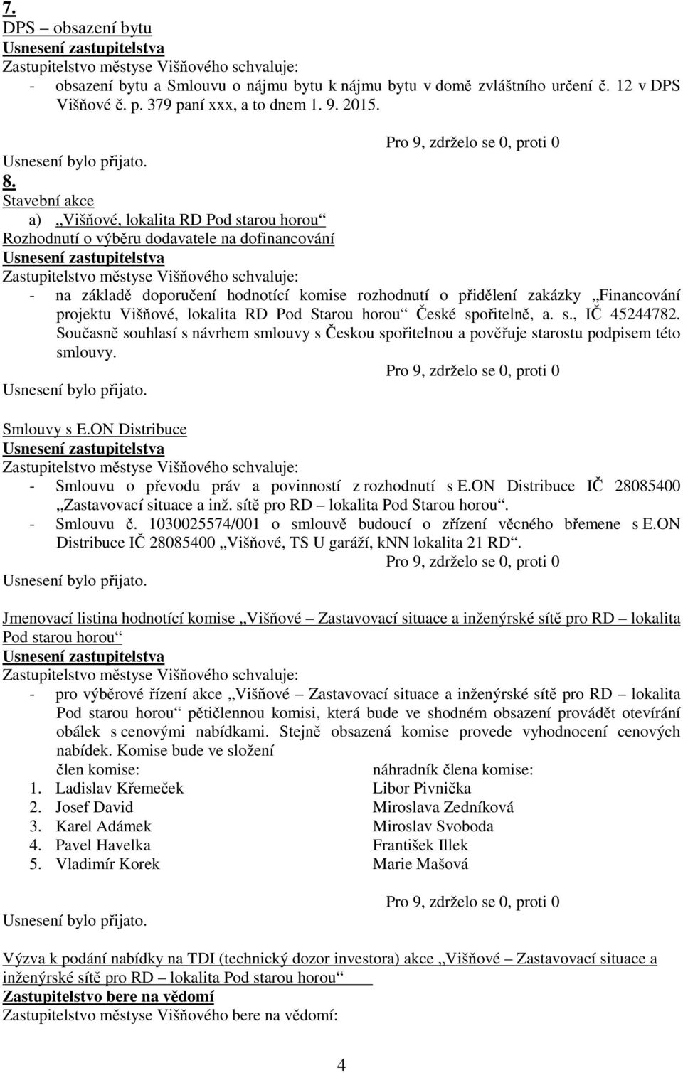 Višňové, lokalita RD Pod Starou horou České spořitelně, a. s., IČ 45244782. Současně souhlasí s návrhem smlouvy s Českou spořitelnou a pověřuje starostu podpisem této smlouvy. Smlouvy s E.