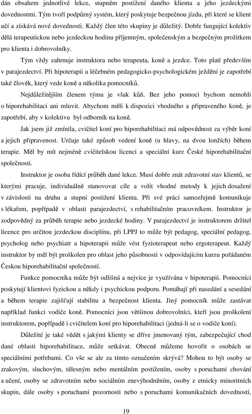 Dobře fungující kolektiv dělá terapeutickou nebo jezdeckou hodinu příjemným, společenským a bezpečným prožitkem pro klienta i dobrovolníky. Tým vždy zahrnuje instruktora nebo terapeuta, koně a jezdce.